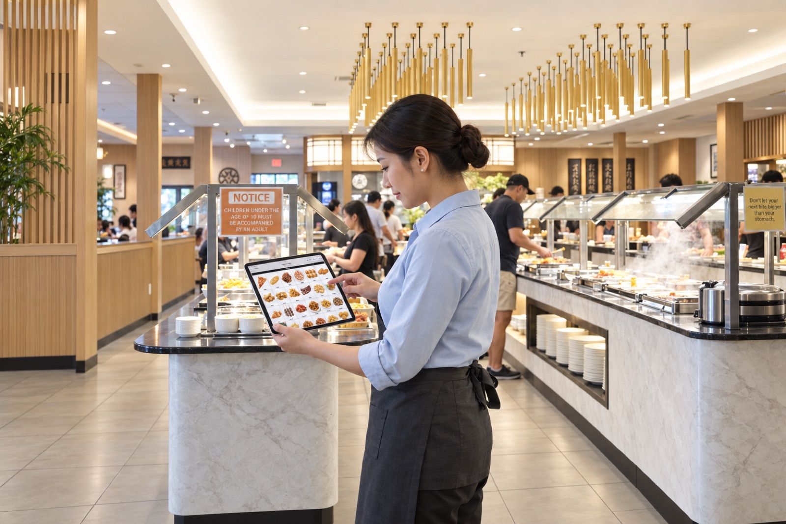 A buffet team member calling a dish on Bar Order Caller during service