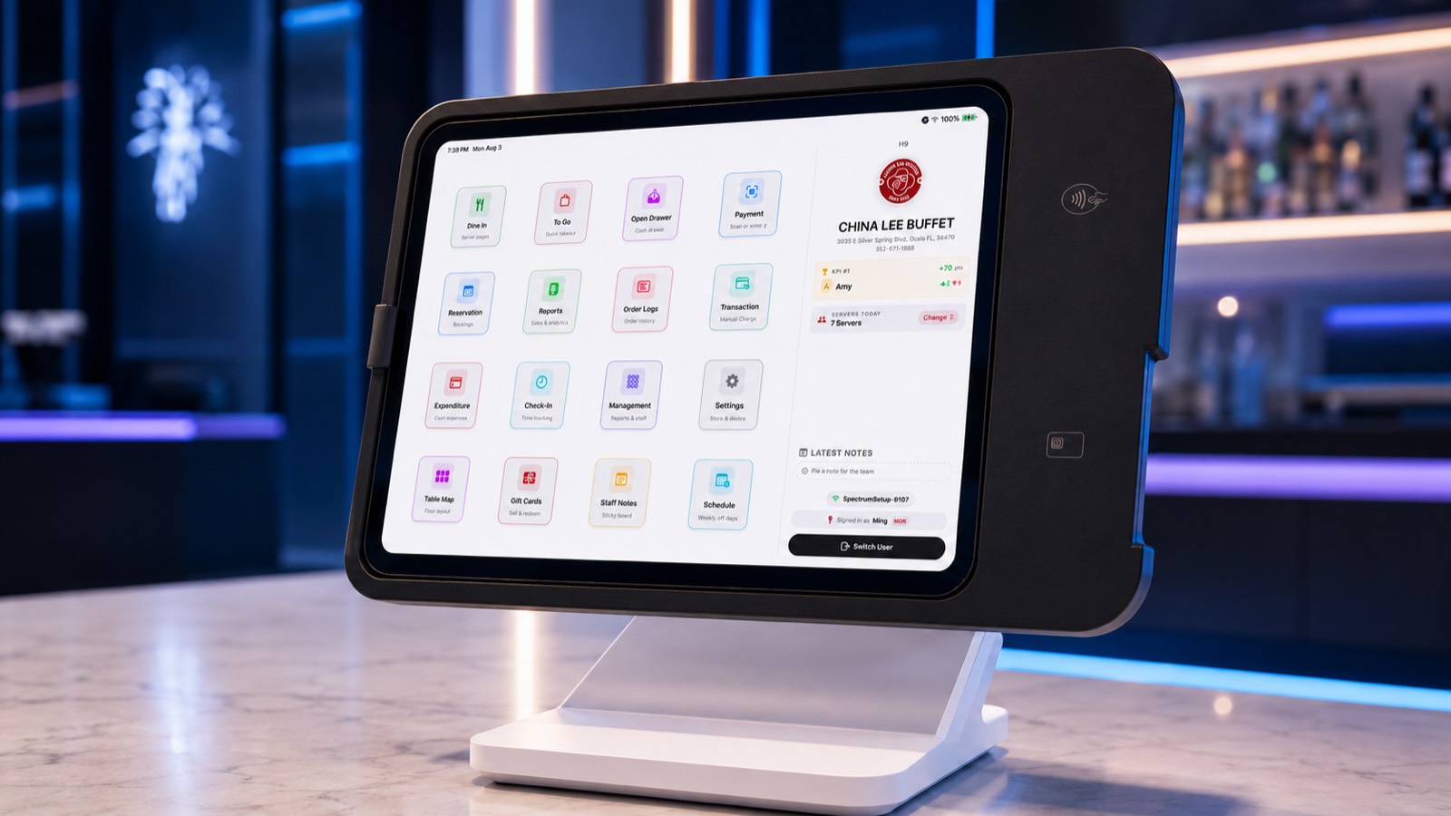 MZ Buffet POS home screen with tiles for dine-in, takeout, reports, gift cards, and scheduling