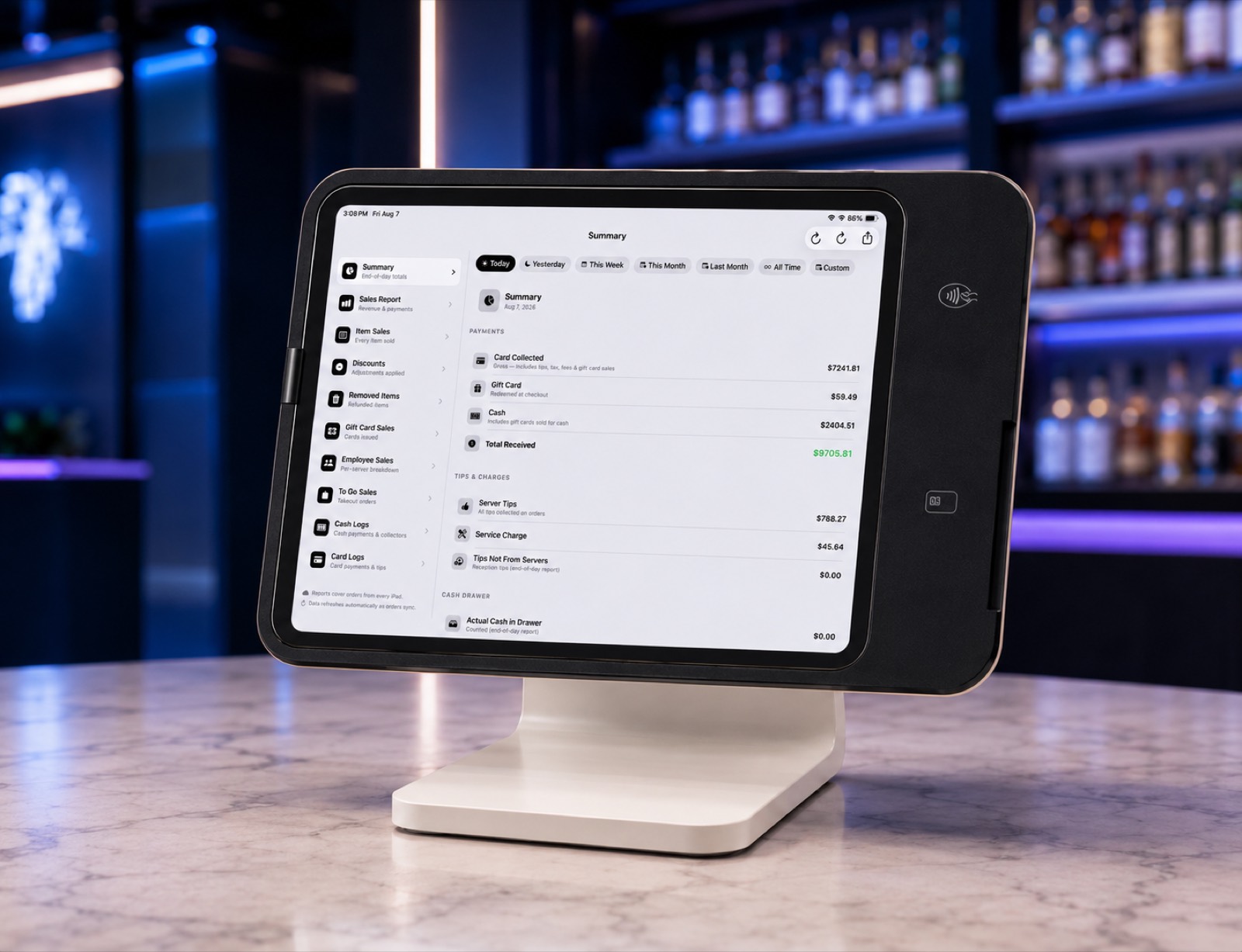 MZ Buffet POS end-of-day summary report with payments, tips, and cash-drawer totals