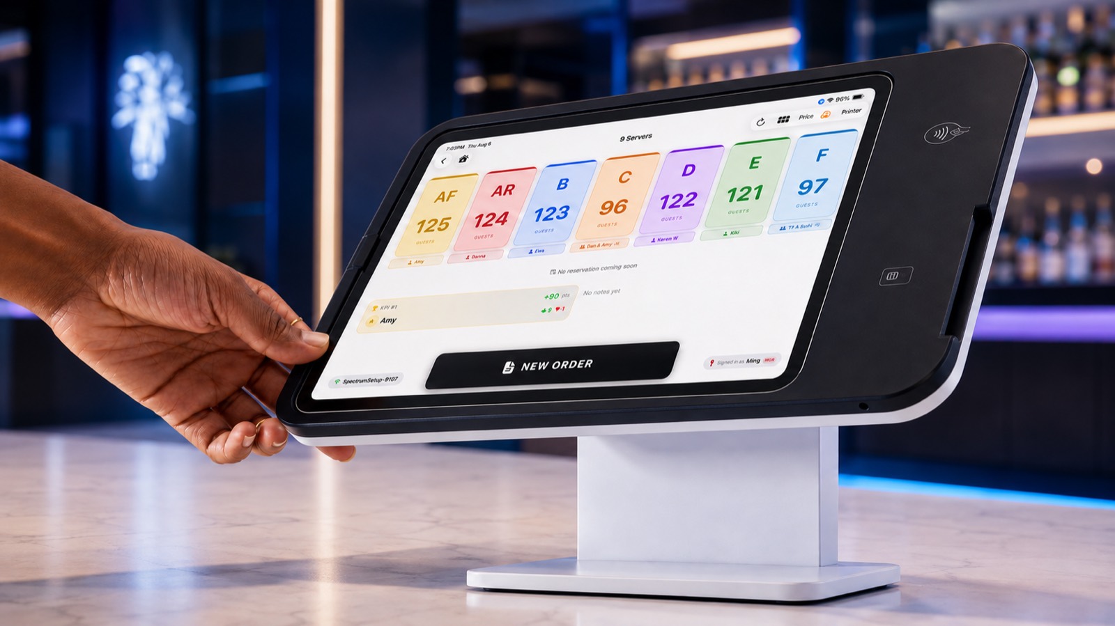 MZ Buffet POS server sections screen showing live guest counts per section
